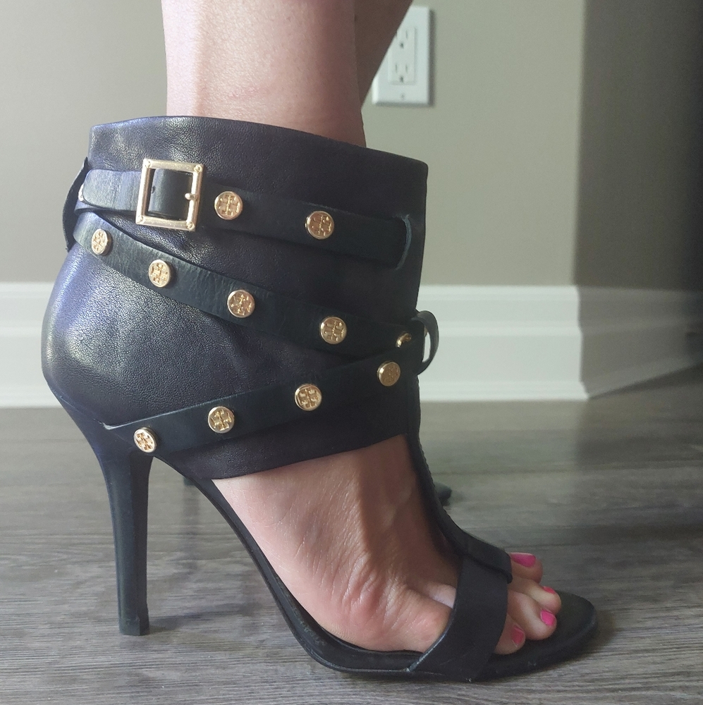 Tory Burch T black leather stiletto strappy heel pumps with gold TB stud accents